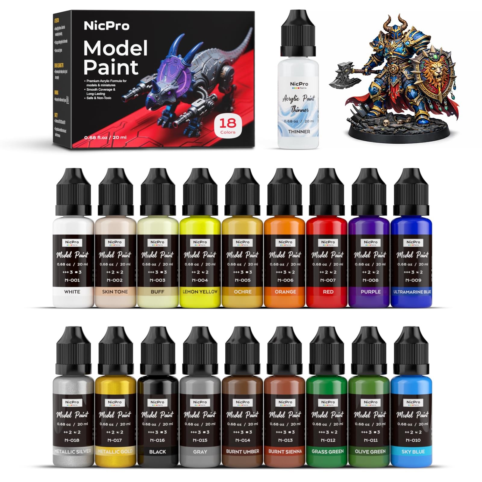 18 Color Acrylic Model Paint Set 20ml Brush Airbrush Compatible for Miniature Pa