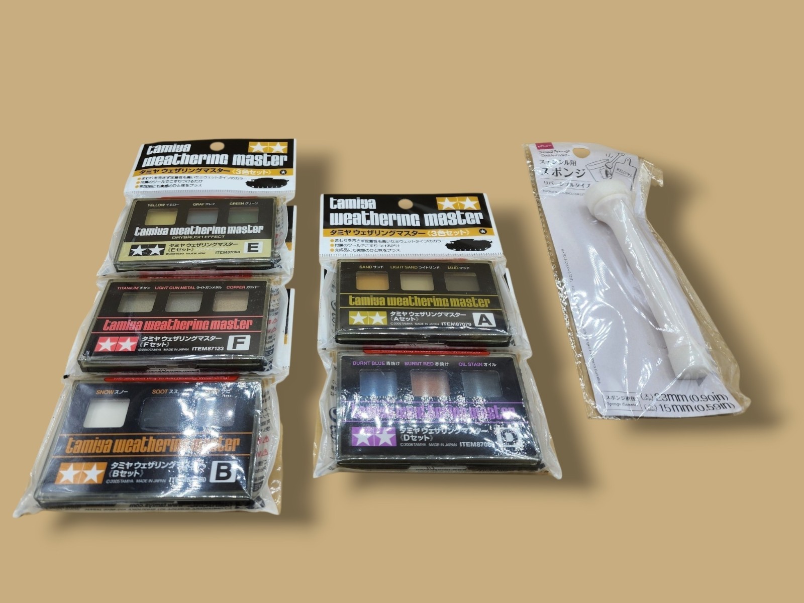 Tamiya Weathering Master Assorted Paints Set A B D E F + Bonus Sponge Applicator
