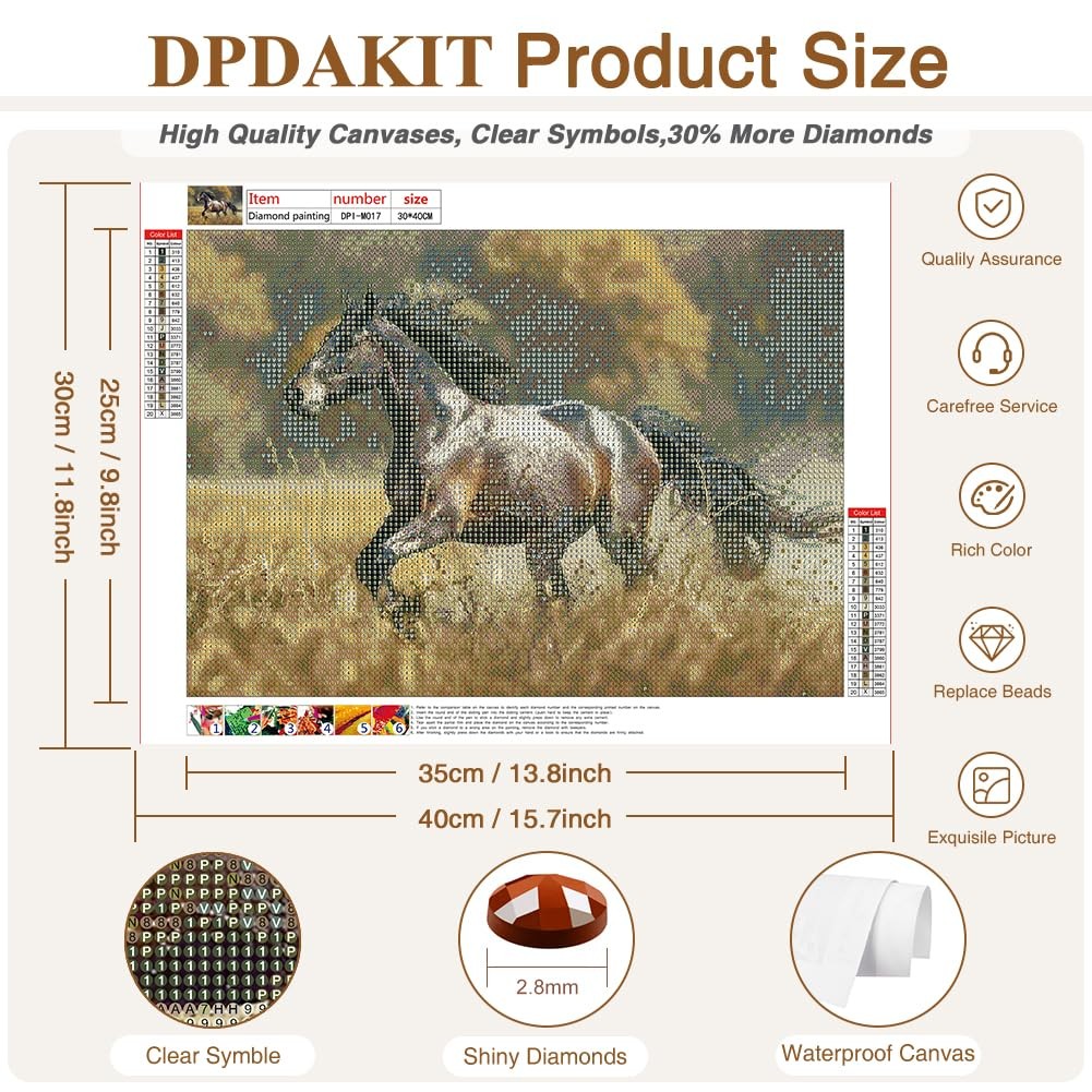 Horse Diamond Painting Art Kits for Adults, Animal, 16×12 Inch Full Drill, Round