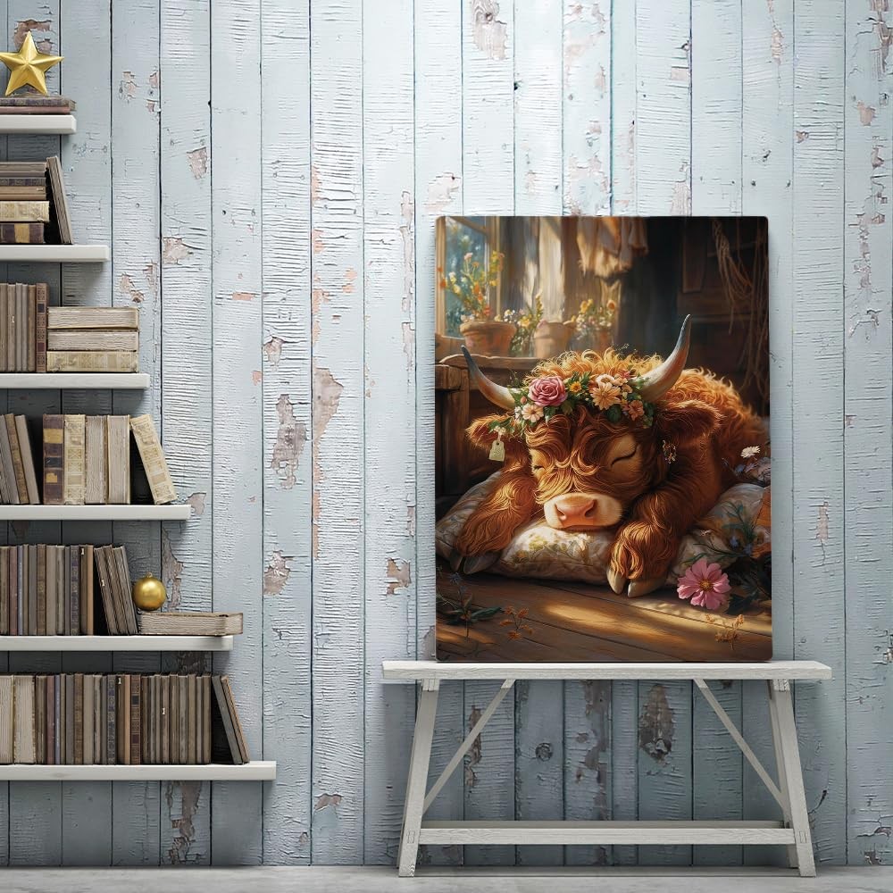 5D Diamond Painting Kit for Adults 12×16 Inch Full Drill Highland Cow with Flo,,