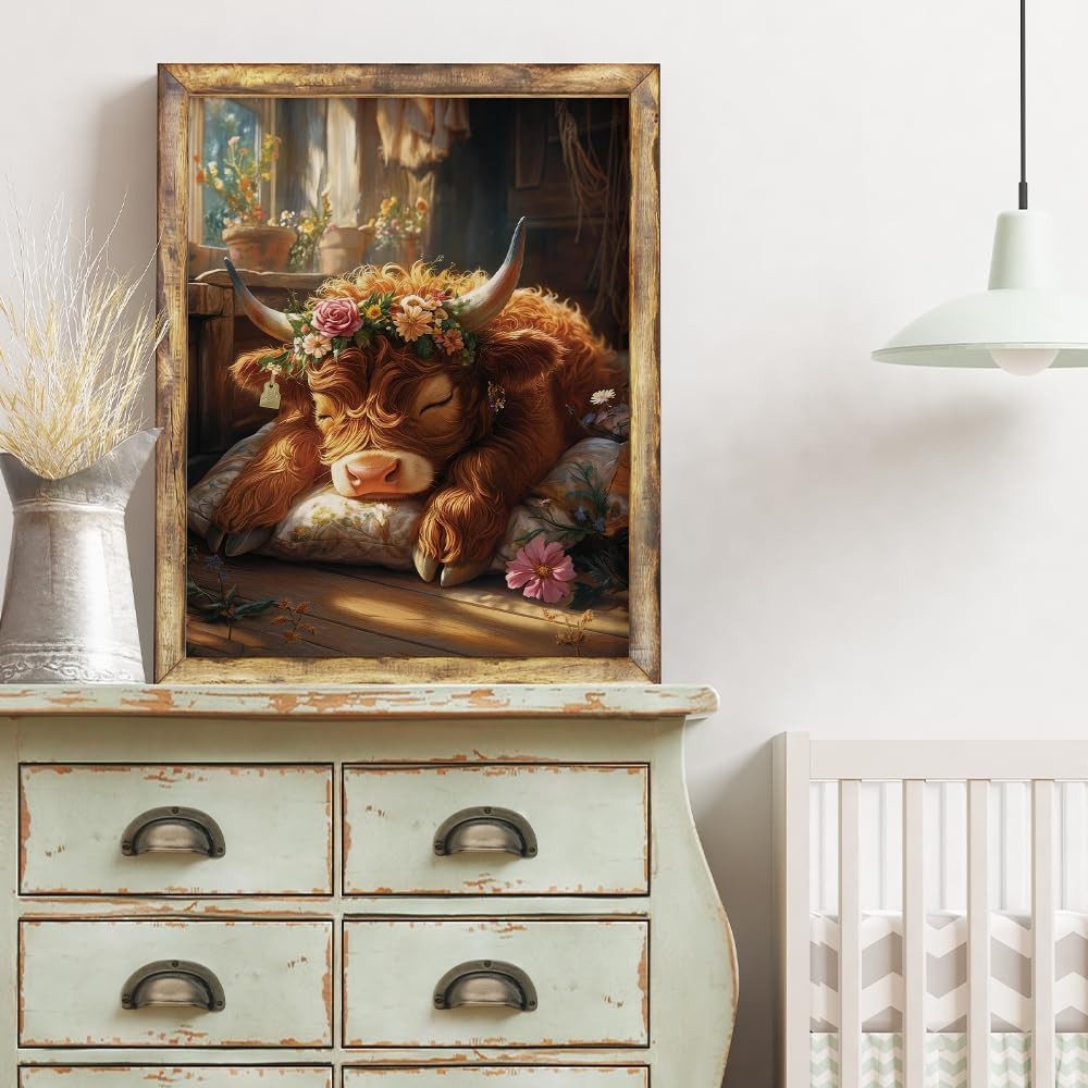 5D Diamond Painting Kit for Adults 12×16 Inch Full Drill Highland Cow with Flo,,