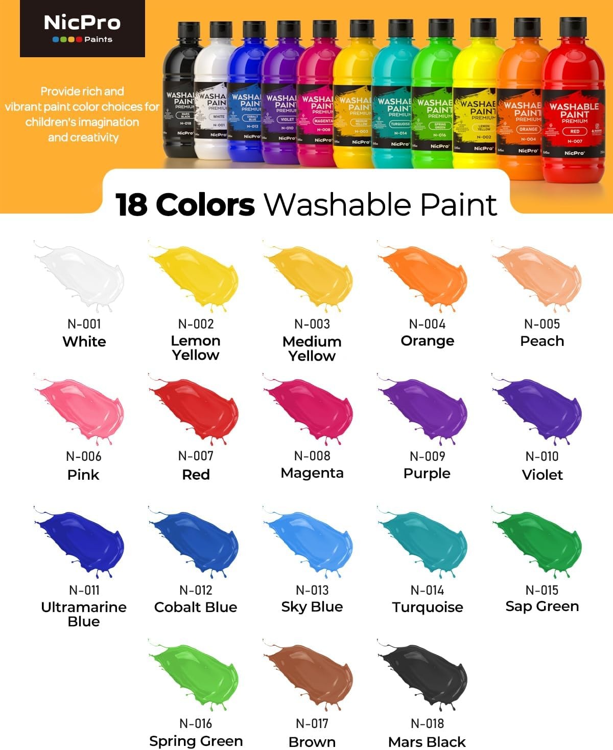 18 Colors Large Washable Paint Set for Kid (8.45oz), Acrylic Bulk Paint Supplies