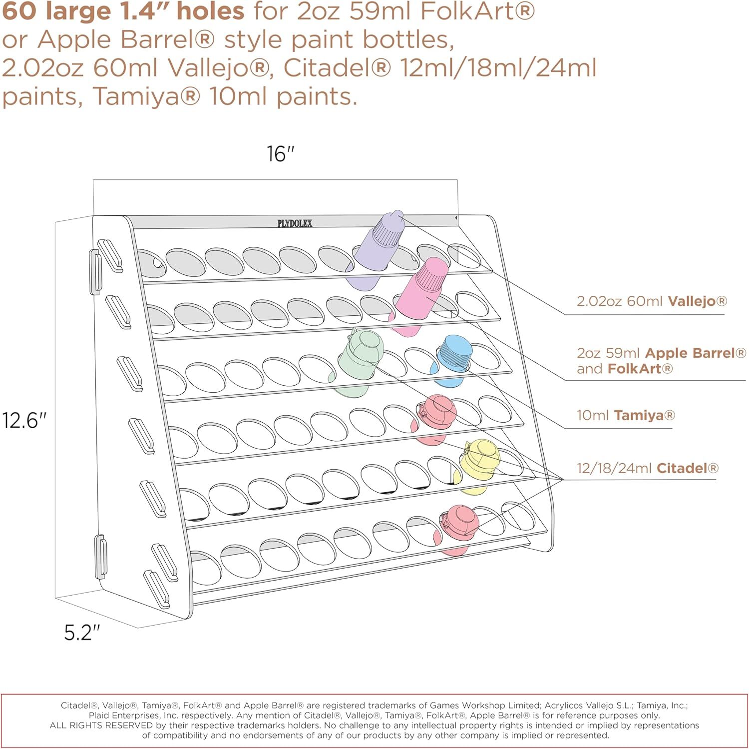 Acrylic Paint Rack Organizer with 60 Holes Suitable for Citadel Paints and Other