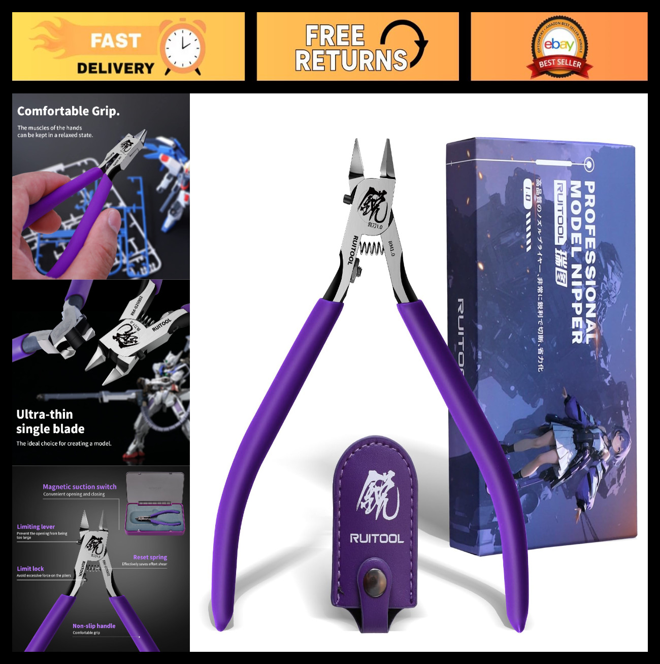 Ultra-Thin Nippers for Gundam Model Building, Sharp Cutters, Non-Slip Grip, 4.7