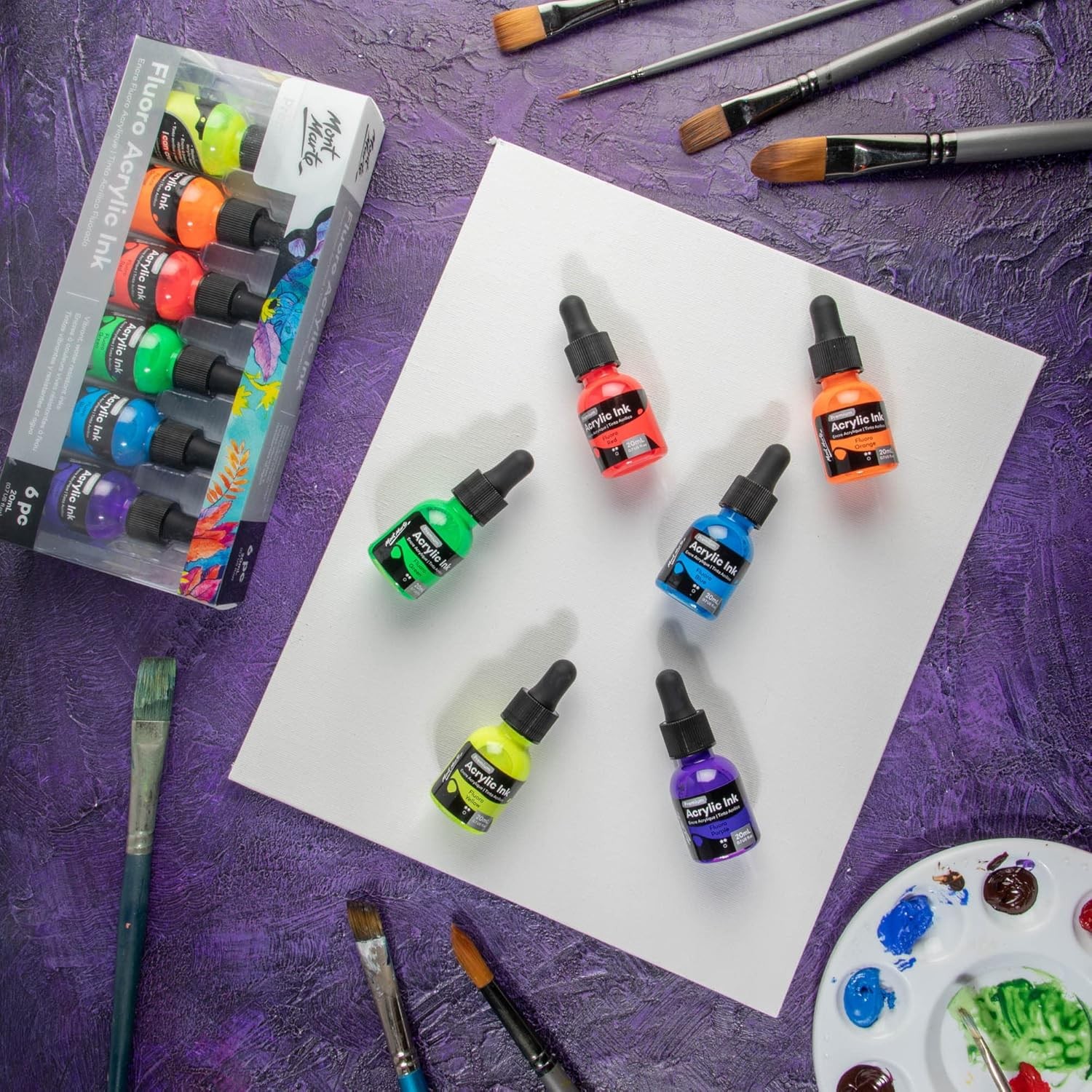 Acrylic Ink Premium 6pc x 20ml (0.7 US fl.oz), Acrylic Inks for Artists, Fluoro