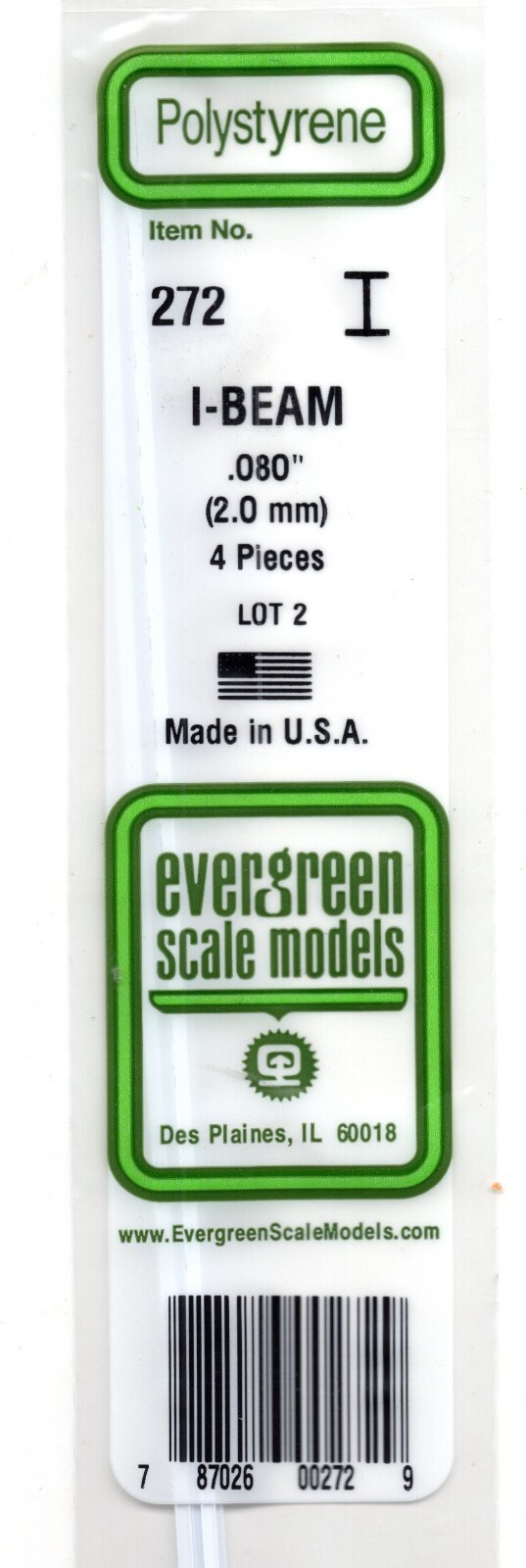 Evergreen 272 Styrene 14″ I-Beam .080″ Tall; pkg(4)