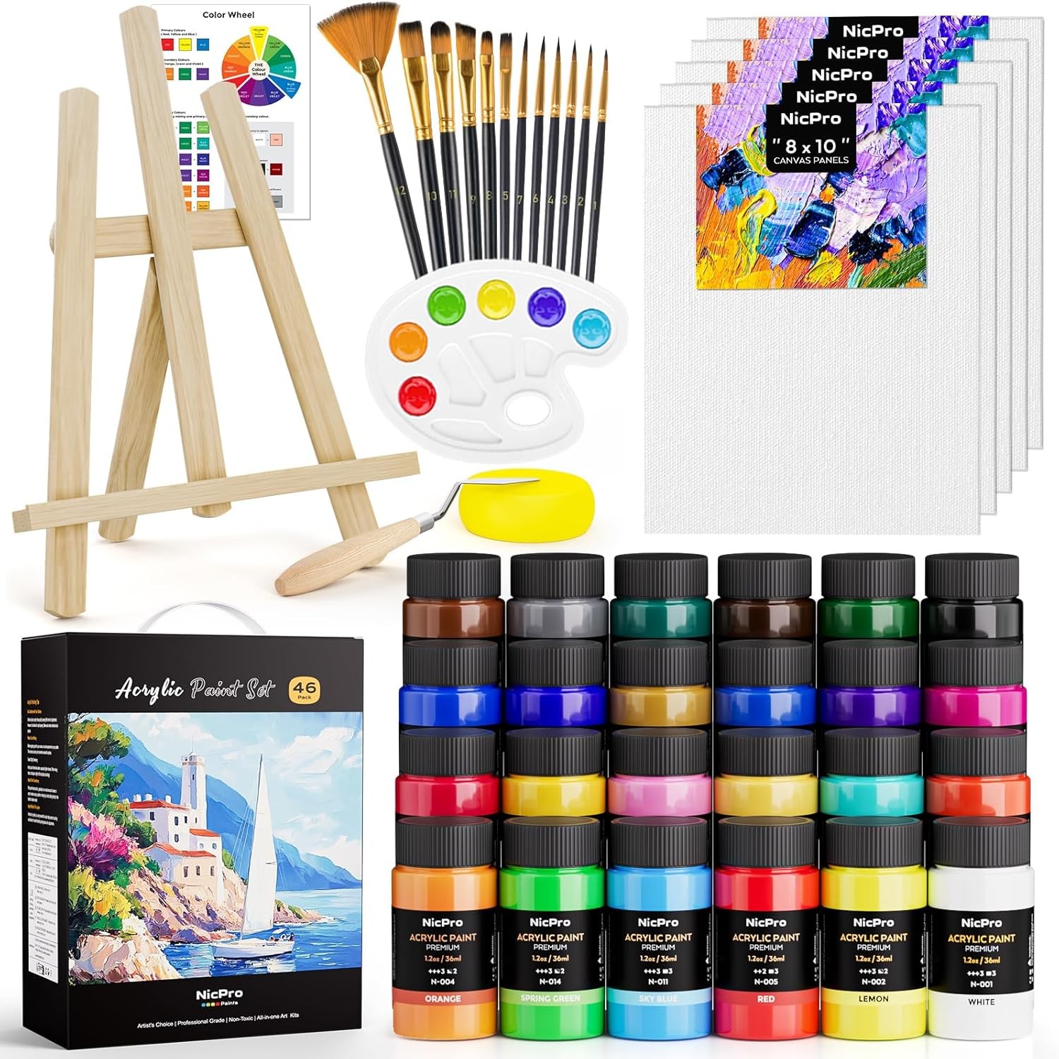 Acrylic Paint Canvas Set for Adults, 46PCS Art Painting Supplies Kit with 24