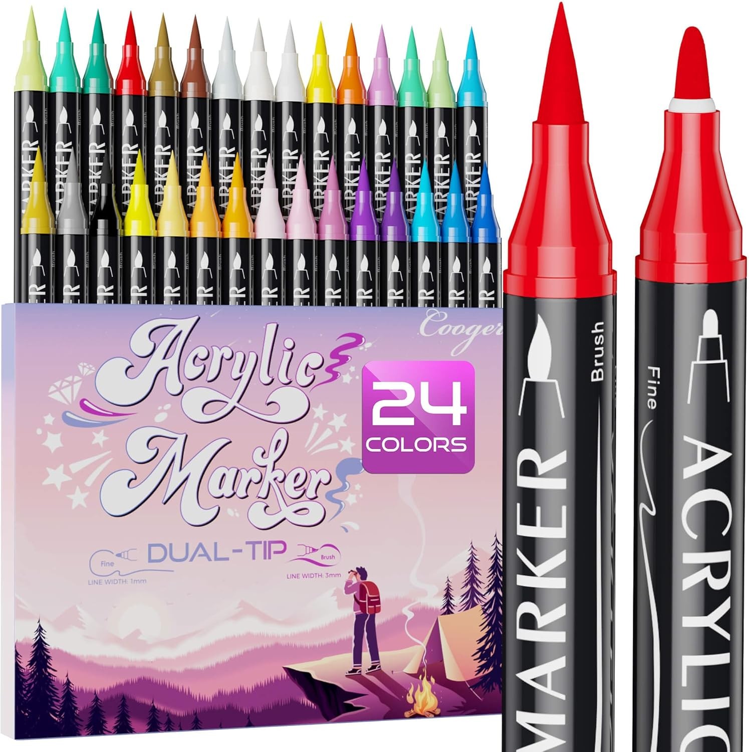 24 Colors Dual Tip Acrylic Paint Markers,Fine Tip and Brush Tip Permanent