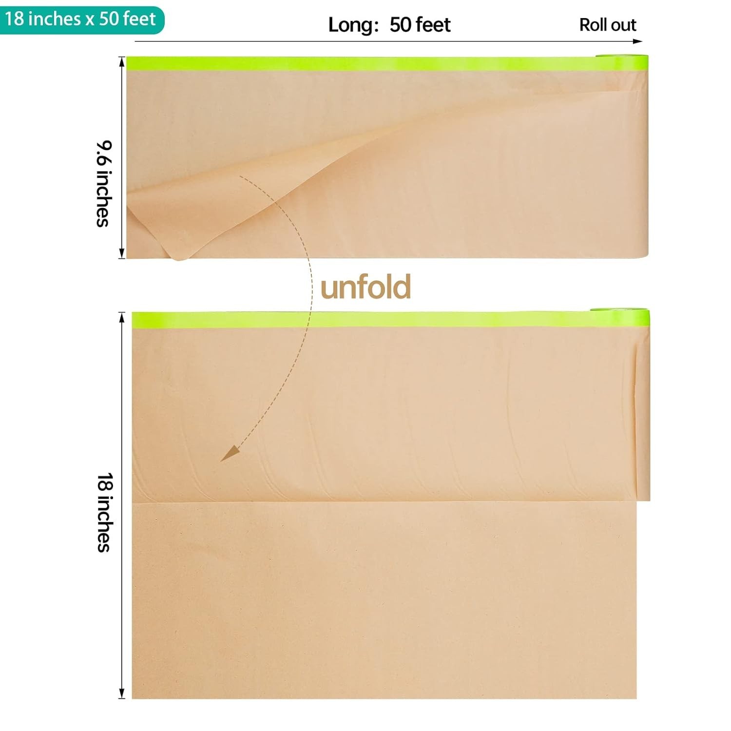 Waterproof Pre-Taped Masking Paper, 18″ x 50′ – 3 Rolls for Multi-Surface Use