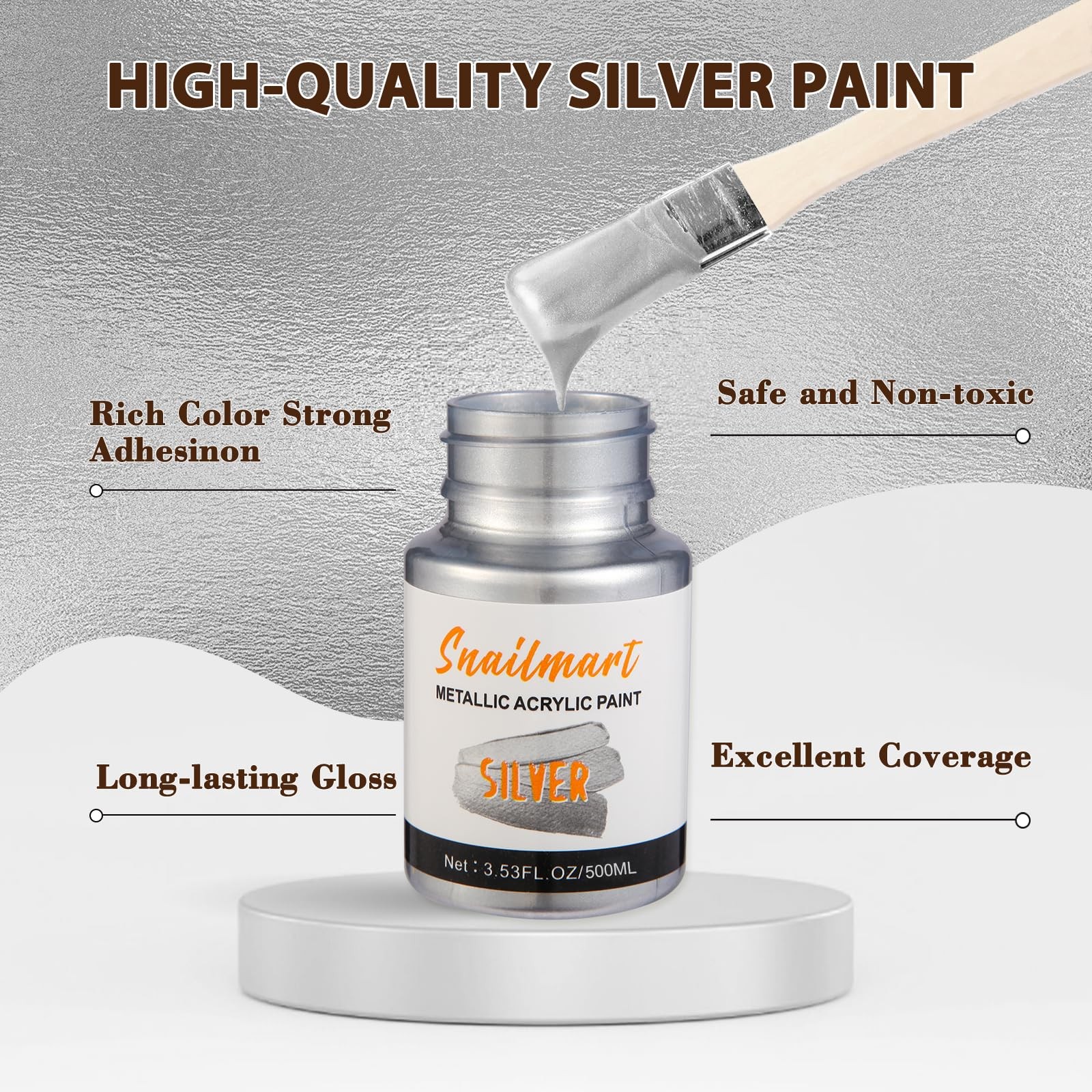 500ml Metallic Silver Acrylic Paint with Brush NonToxic, NonFading Silver Le…
