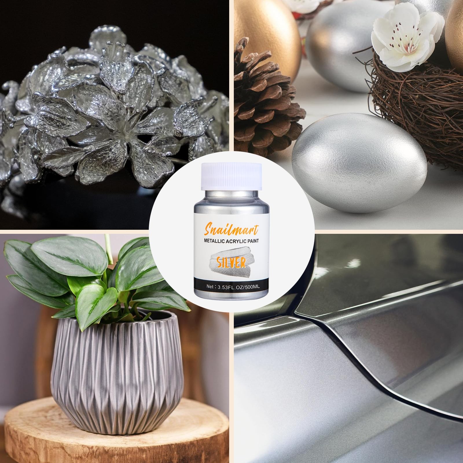 500ml Metallic Silver Acrylic Paint with Brush NonToxic, NonFading Silver Le…