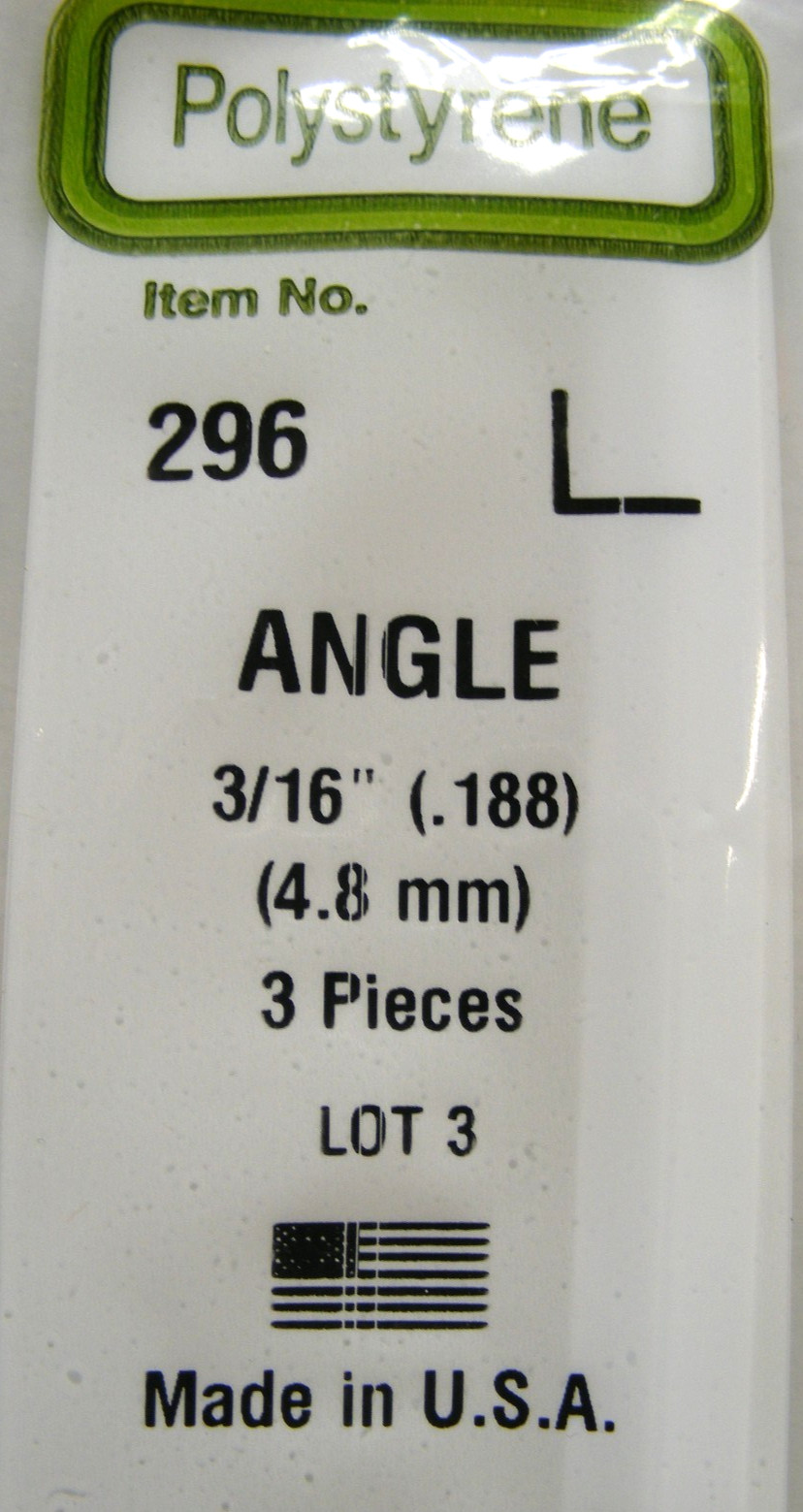 EVERGREEN #296 STYRENE 3/16″ Angle (4) Plain White Pieces