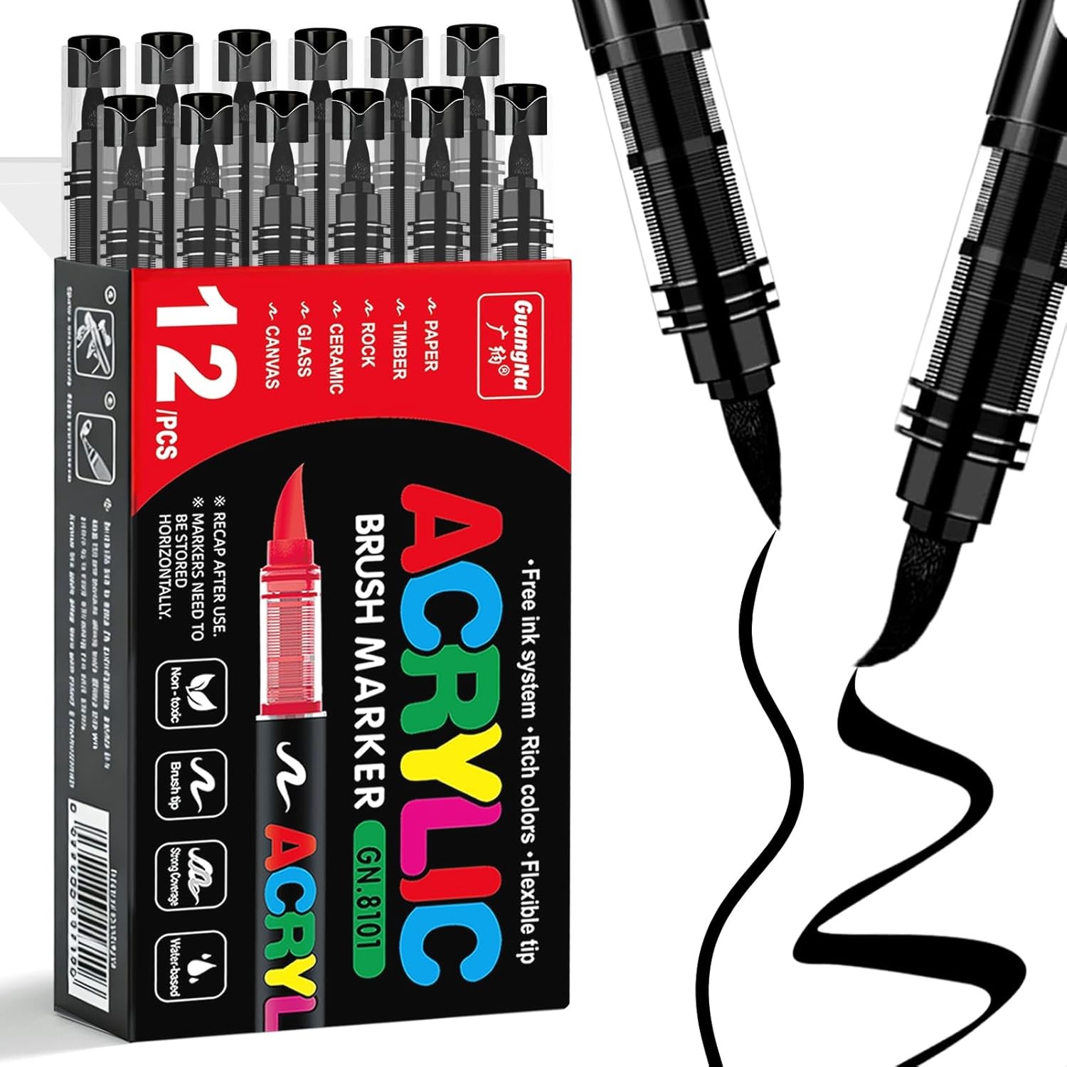 12 PCS Black Acrylic Paint Markers,Soft Brush Tip Acrylic Paint