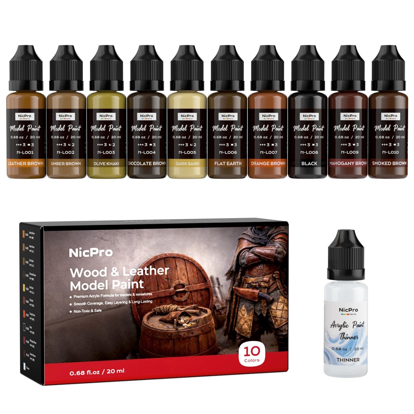 10 Colors Acrylic Paint Set for Wood & Leather, 20ml – Miniature & Model Paintin