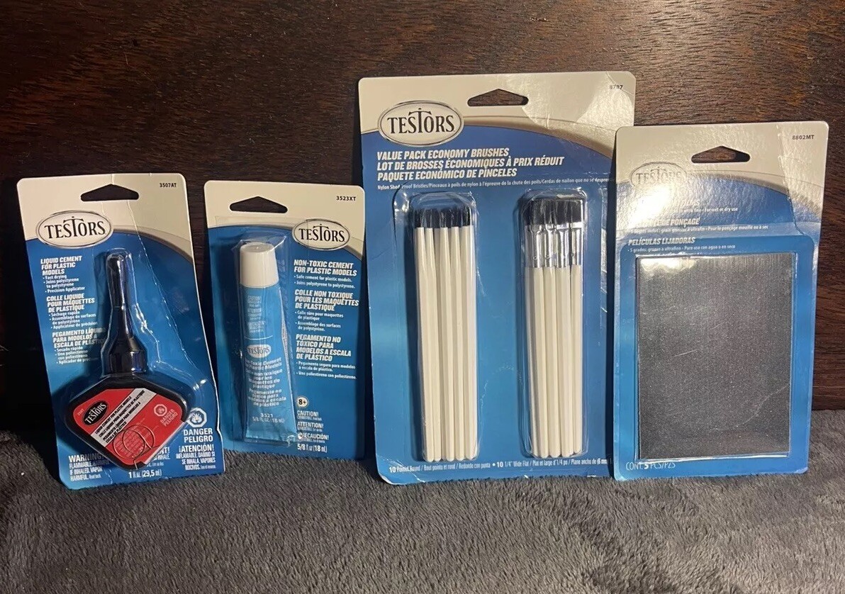 Lot of Testors Liquid Cement, Non-Toxic Cement, Sanding Films, Value Pk Brushes
