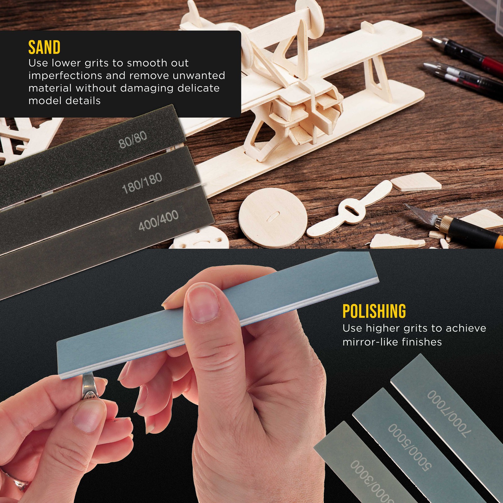 20 Pack Model Sanding and Polishing Sticks 5″ Rectangular Shape Variety of Grits