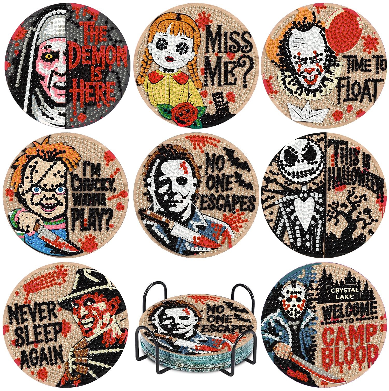 Halloween Horror 8 Pcs Diamond Art Painting Coasters Kit,4×4 Inch