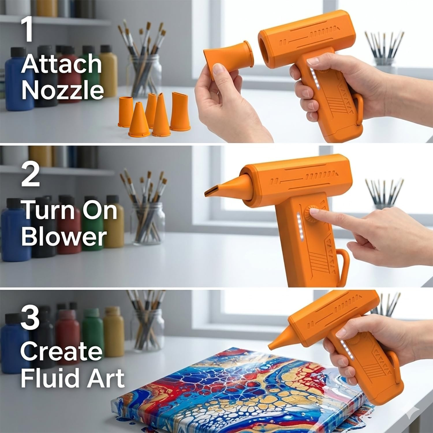 Cordless 6-Nozzle Paint Pouring Blower, Cool Air for Acrylic Floetrol Watercolor