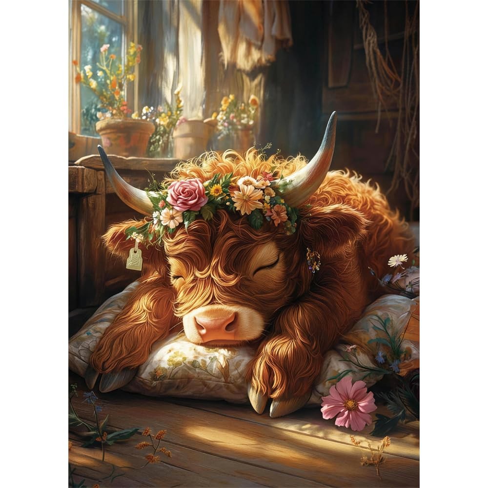 5D Diamond Painting Kit for Adults 12×16 Inch Full Drill Highland Cow with Flo,,
