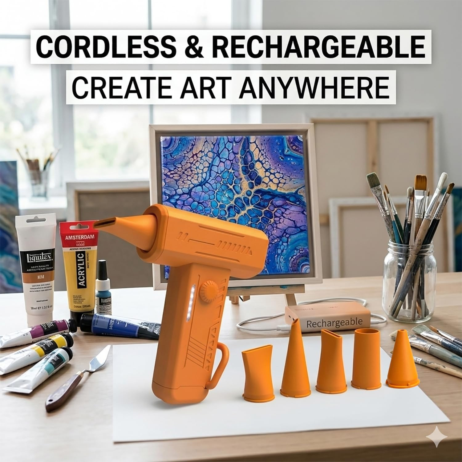 Cordless 6-Nozzle Paint Pouring Blower, Cool Air for Acrylic Floetrol Watercolor