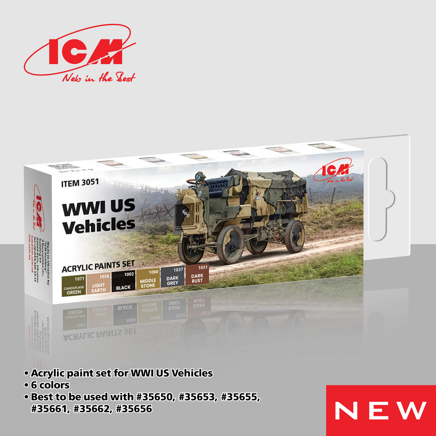 ICM 3051 – Acrylic paint set for WWI US military vehicles