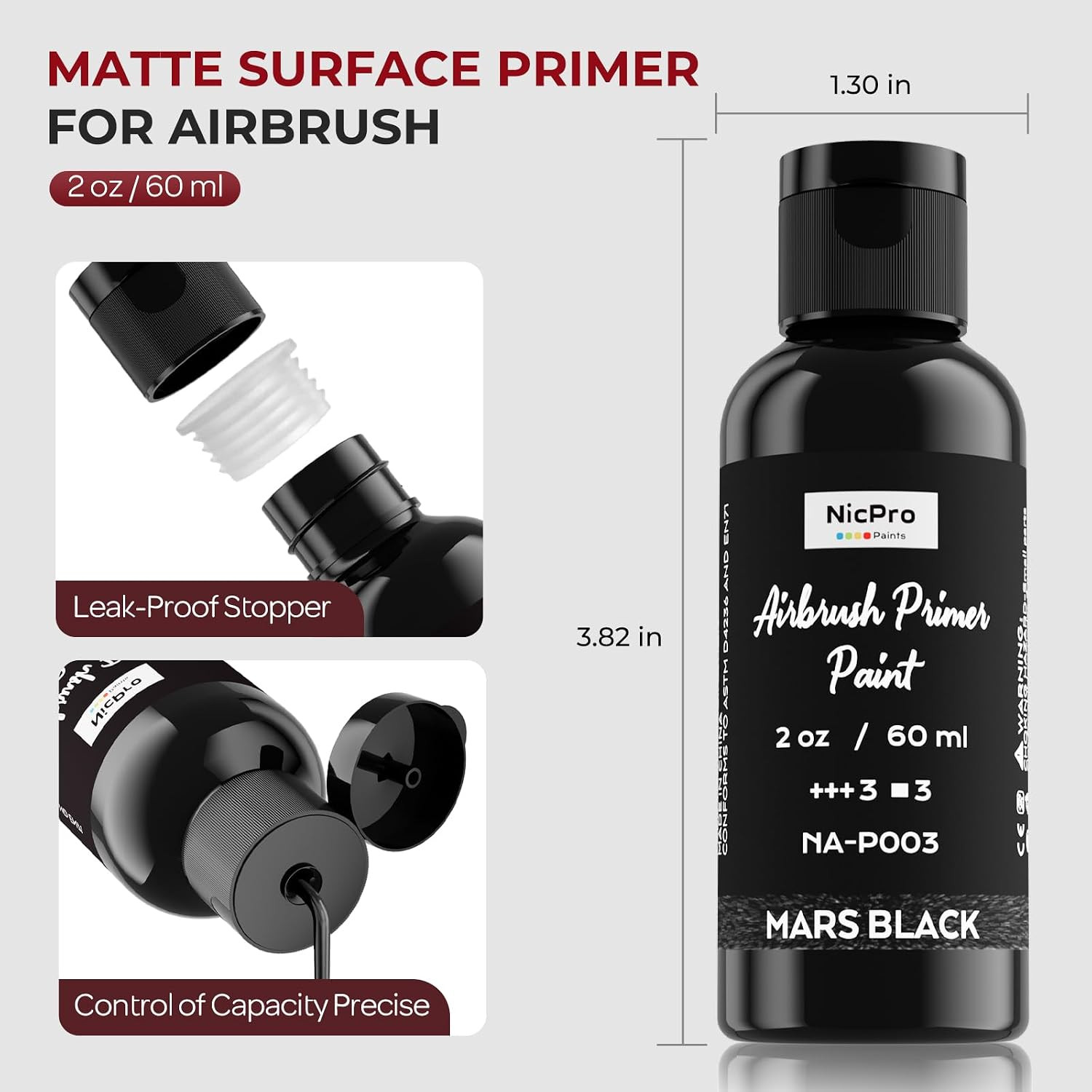 Black, Gray, White Surface Primer Airbrush Paint (2oz, 60 ml), Matte Finish, Rea