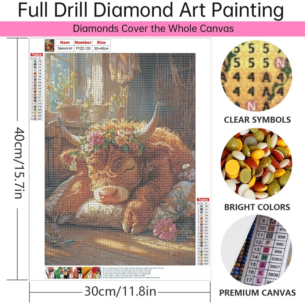 5D Diamond Painting Kit for Adults 12×16 Inch Full Drill Highland Cow with Flo,,