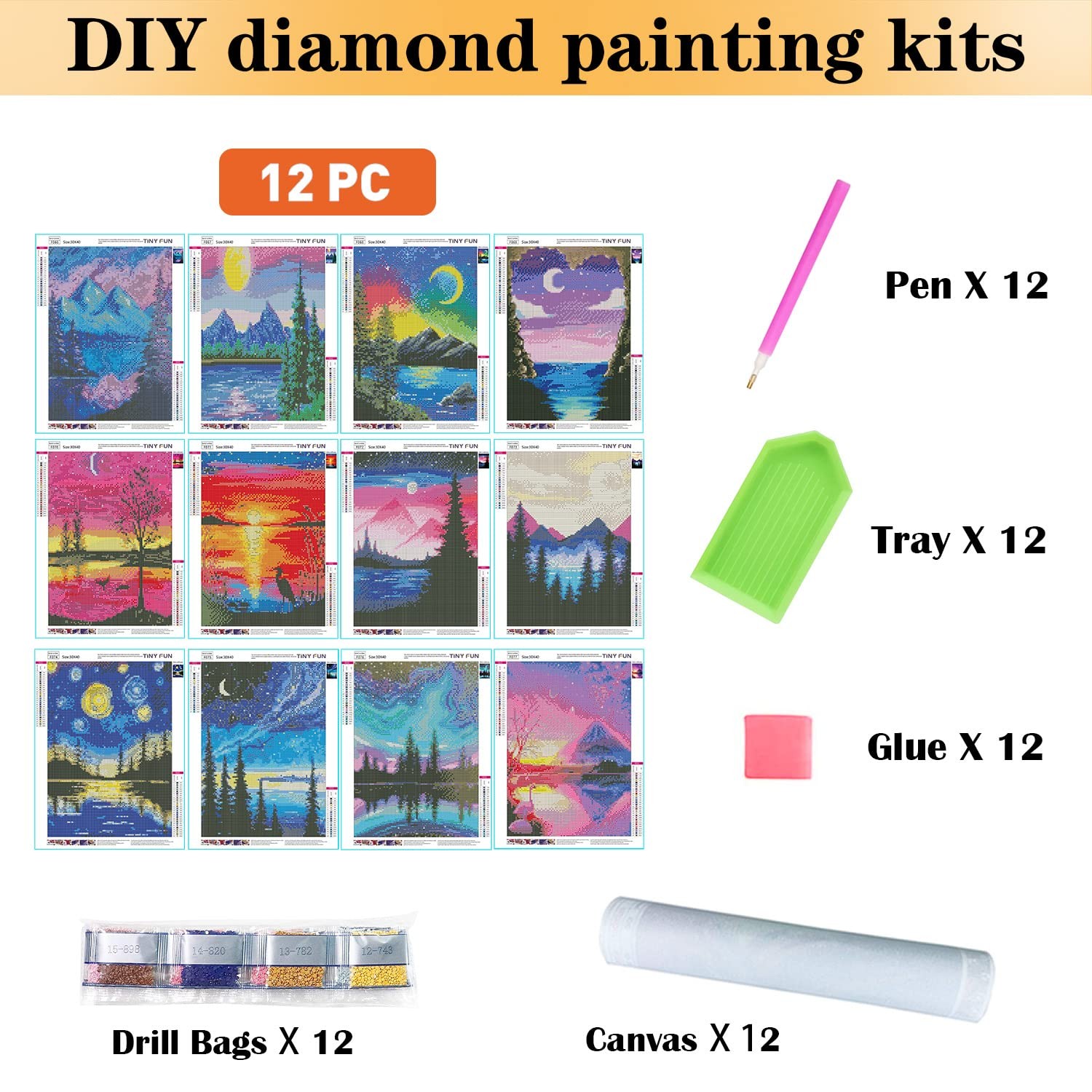TINY FUN 12 Pack Diamond Painting Kits for Adults 5D 12×16 inches, Multicolor