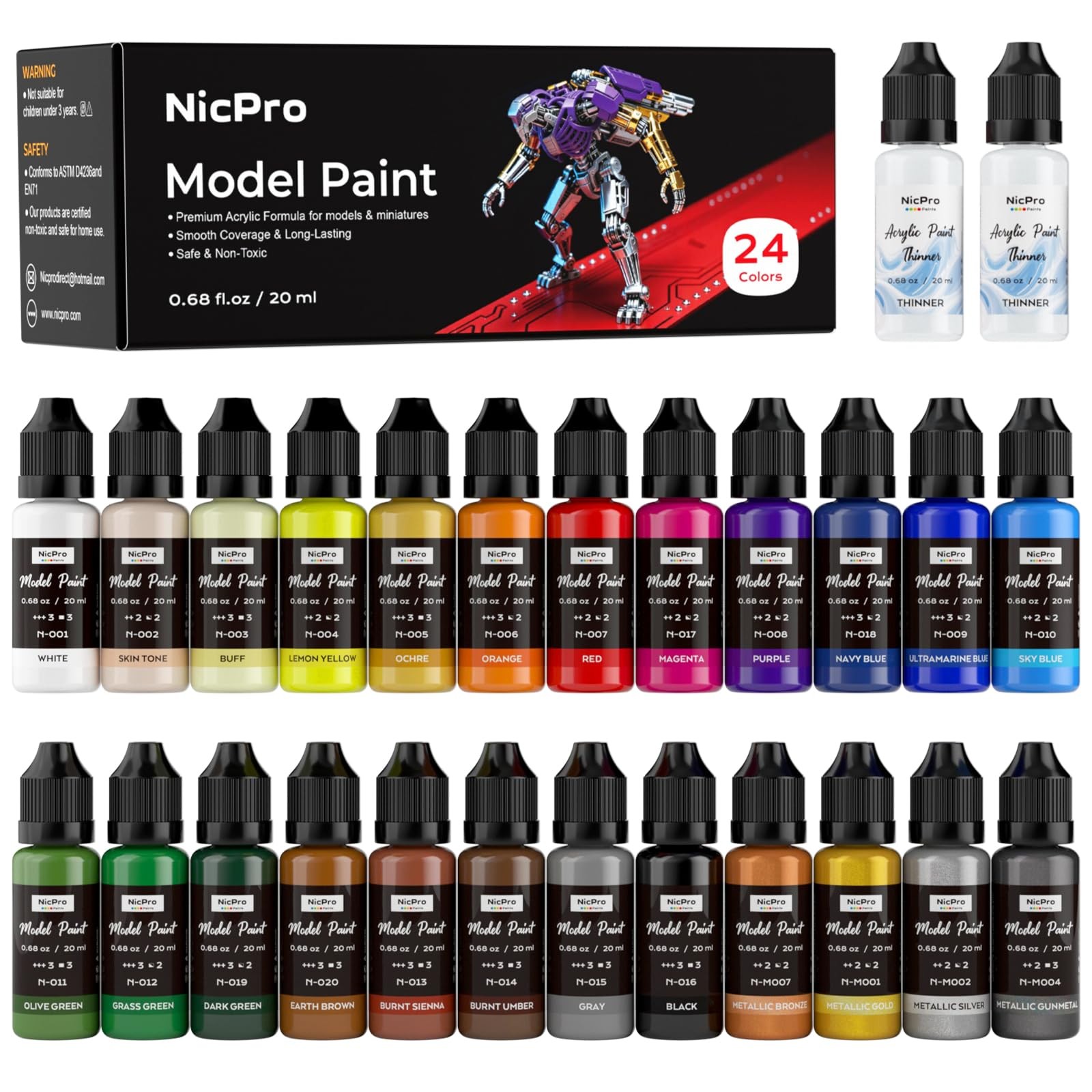 24 Colors Acrylic Model Paint 20ml Dropper Bottles Brush Airbrush for Miniature
