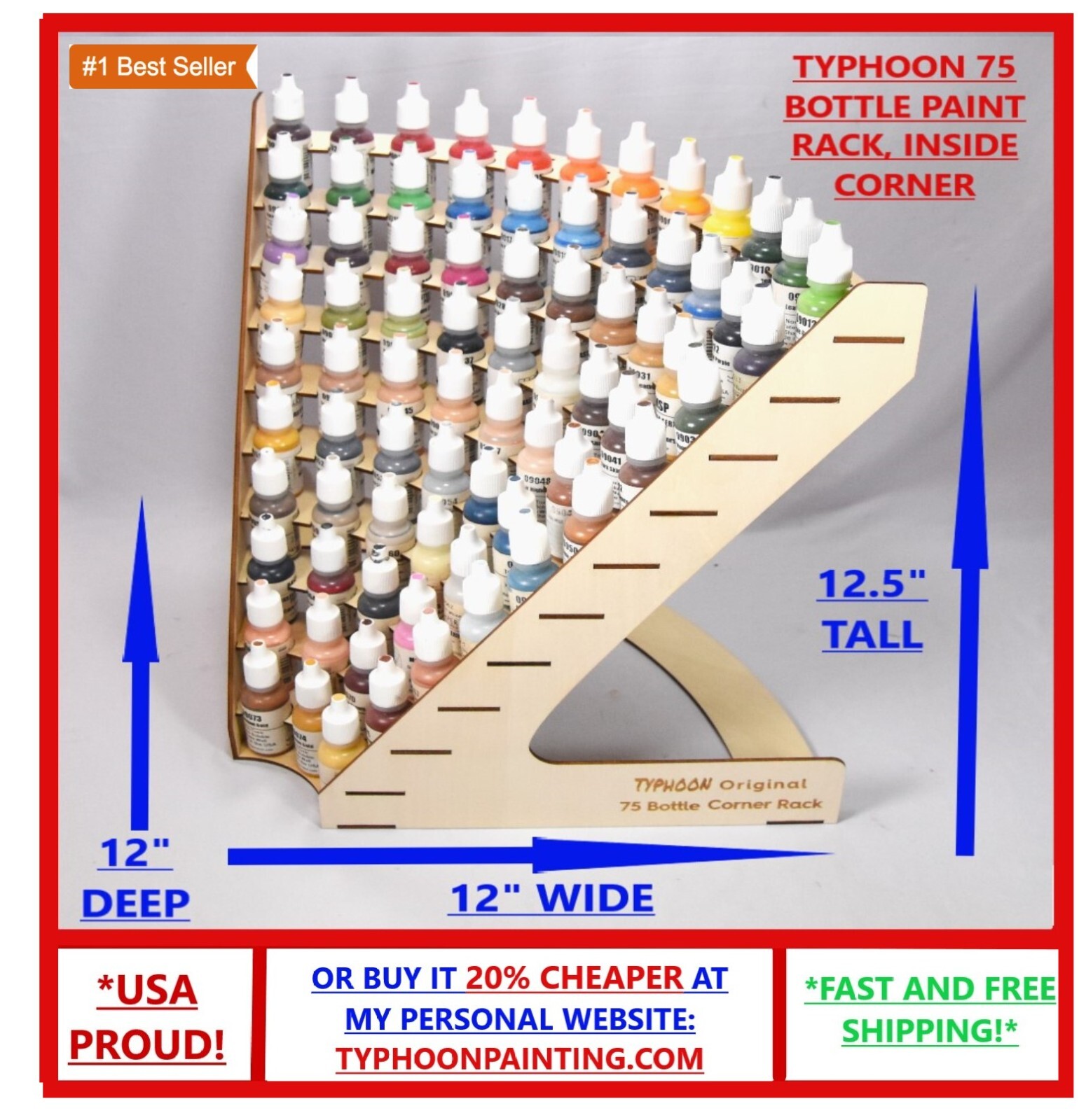 75 BOTTLE PAINT RACK INNER CORNER USA TYPHOON© ARMY PAINTER, VALLEJO, TESTORS