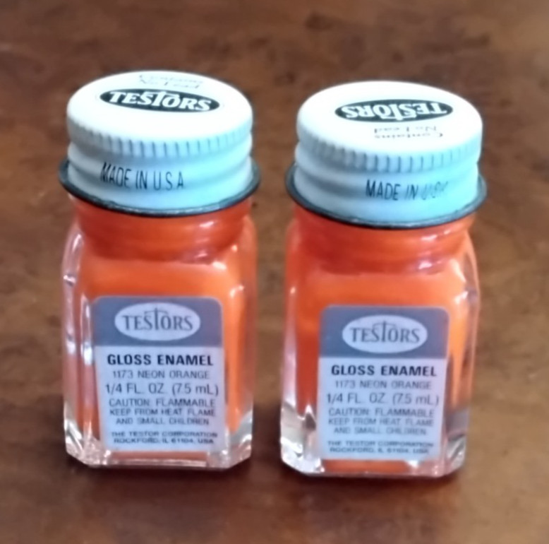 TESTORS #1173 NEON ORANGE GLOSS 1/4OZ ENAMEL PAINT, 2 BOTTLES, NEW OLD STOCK