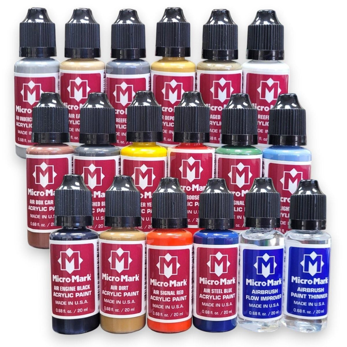 Railroad Model Air Acrylic Paint Set, 18 Colors, Made in USA, 0.68 fl oz Bottles