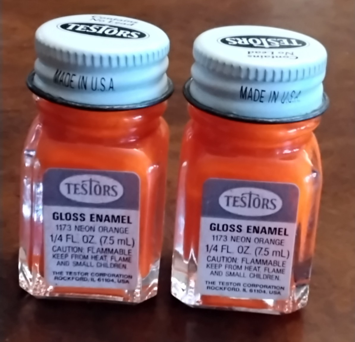TESTORS #1173 NEON ORANGE GLOSS 1/4OZ ENAMEL PAINT, 2 BOTTLES, NEW OLD STOCK