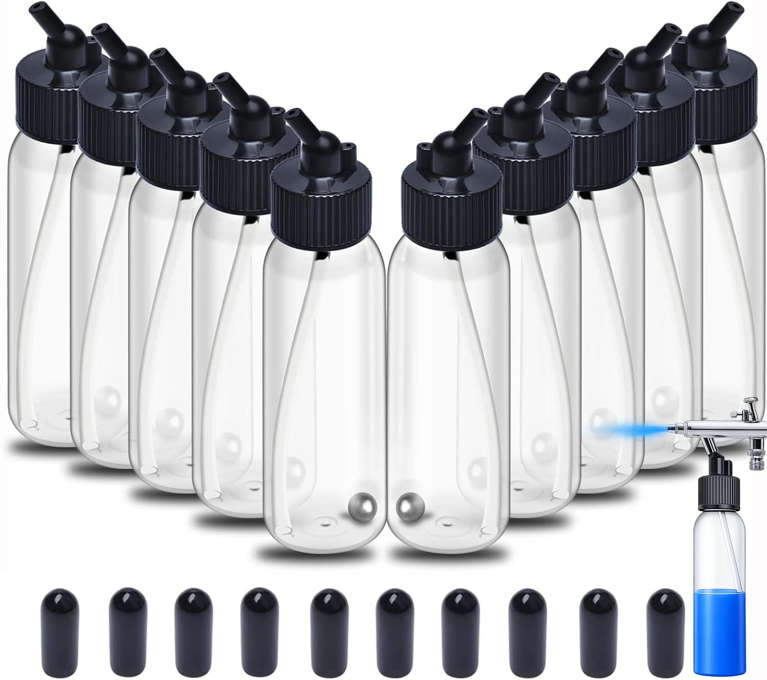Plastic Airbrush Bottles with Rubber Caps, 1.07 Ounce(30Cc), 10 Pack | Fits Most