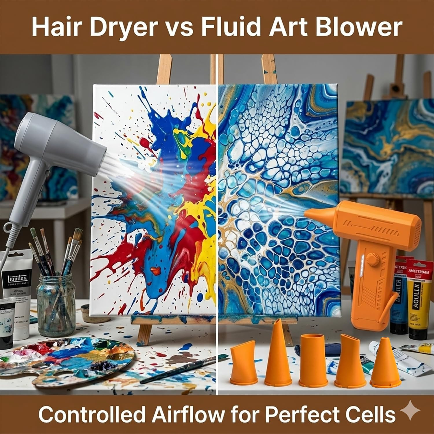 Cordless 6-Nozzle Paint Pouring Blower, Cool Air for Acrylic Floetrol Watercolor