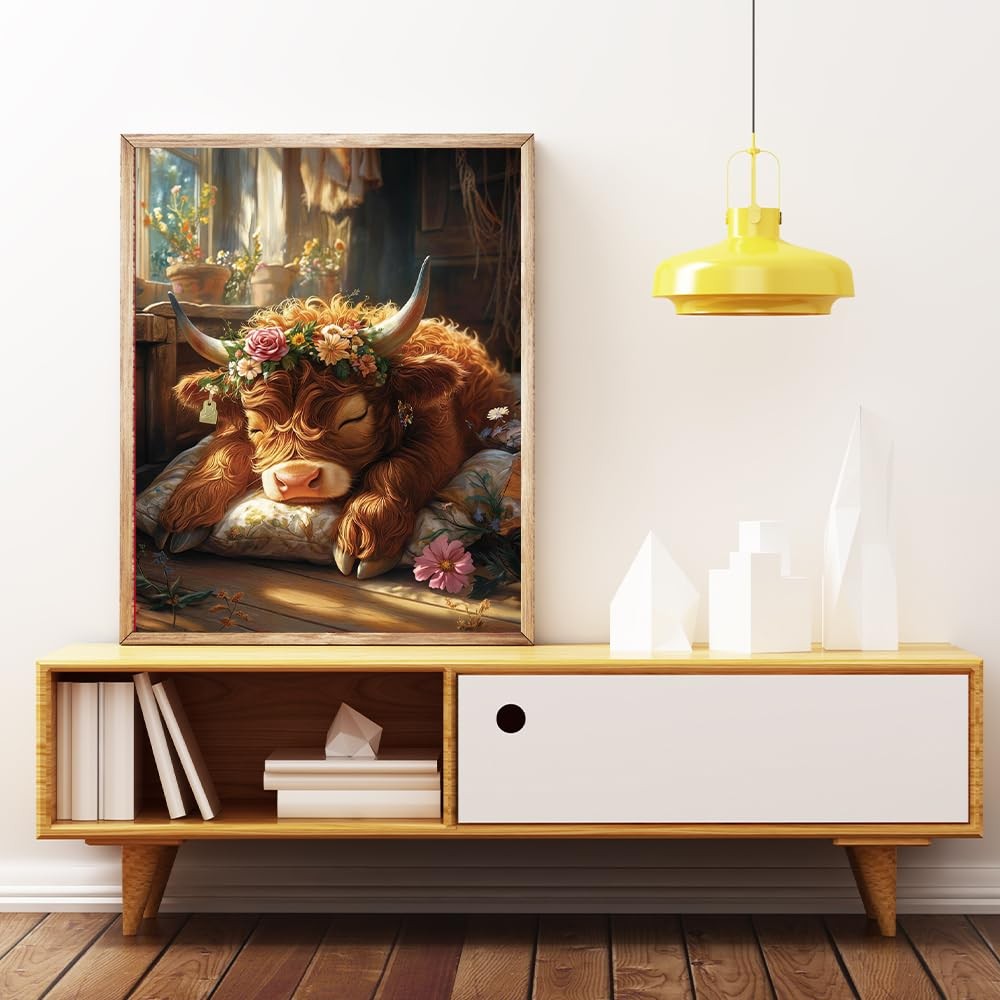 5D Diamond Painting Kit for Adults 12×16 Inch Full Drill Highland Cow with Flo,,