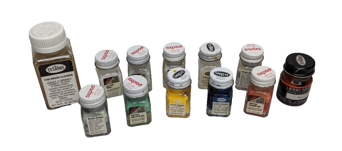 5 Testors Enamel Gloss and 7 Pactra Acrylic Enamel Paint Glass Bottles 1/4 Oz.