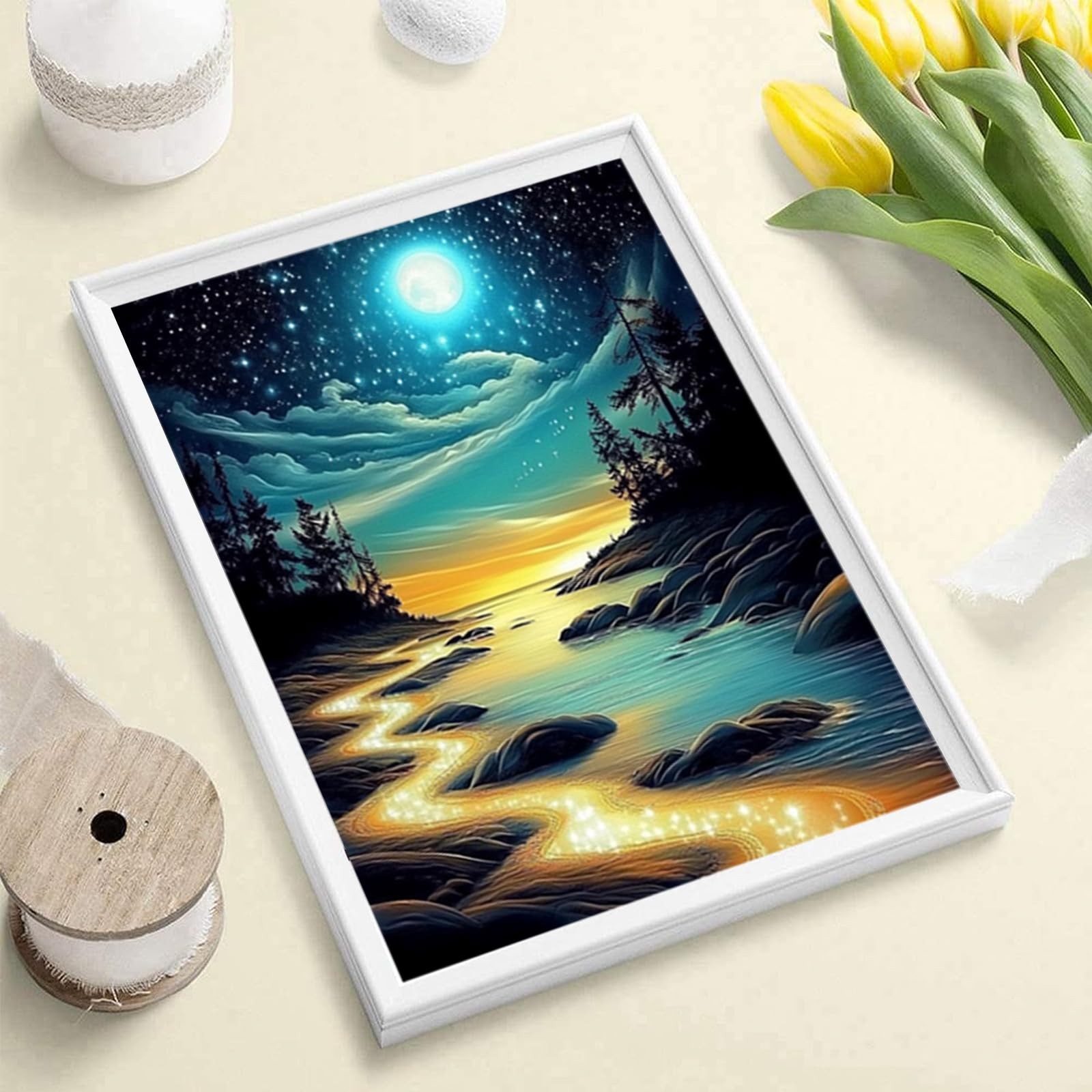 Moon Beach Diamond,Art Kit for Adults,5D Full,Drill Round Diamond Dot Painting f