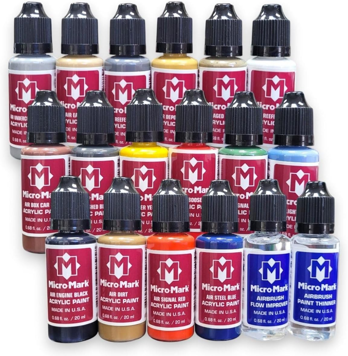 Railroad Model Air Acrylic Paint Set, 18 Colors, Made in USA, 0.68 fl oz Bottles