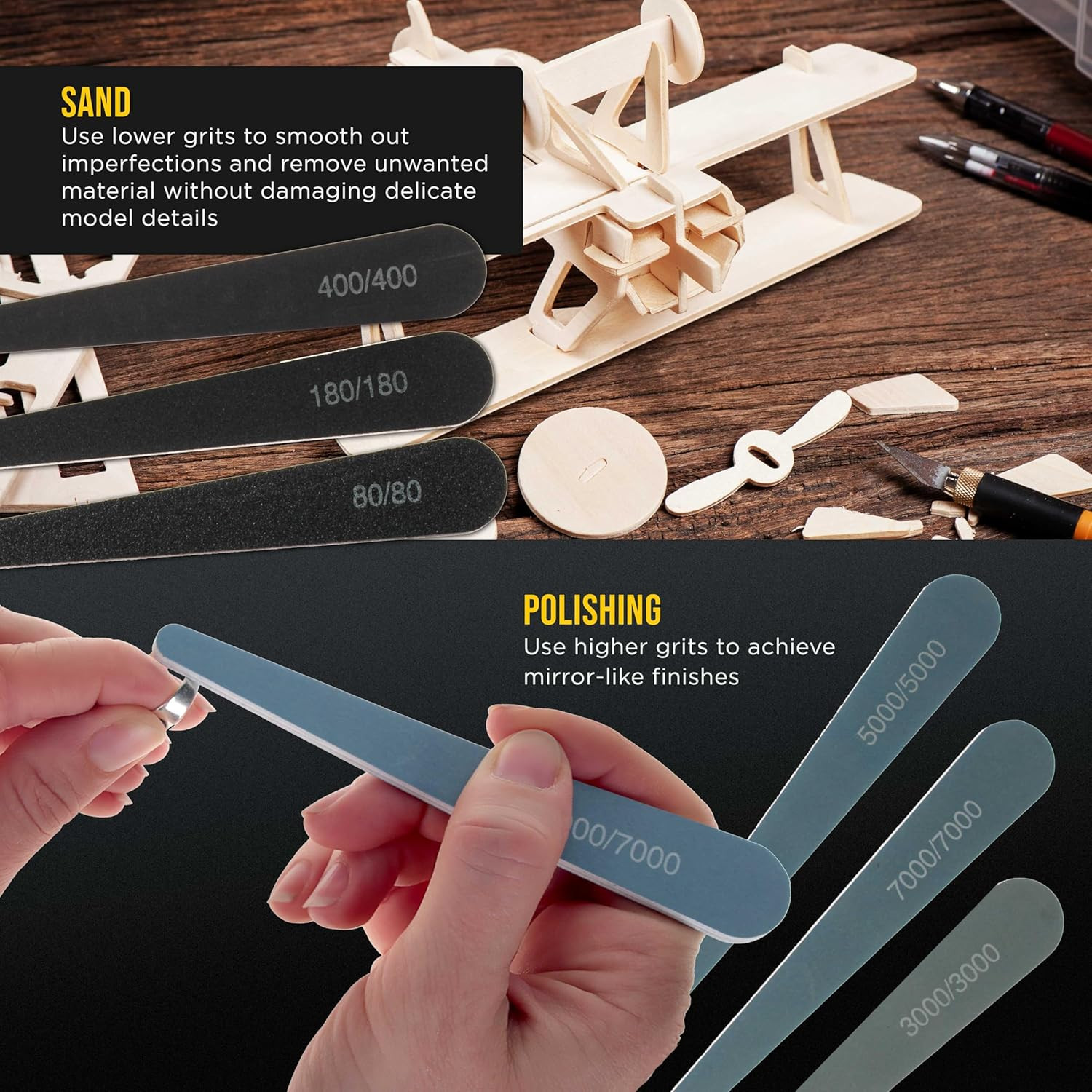 Sanding Sticks and Polishing Sticks for Plastic Models, Pack of 40-4 Each of 10