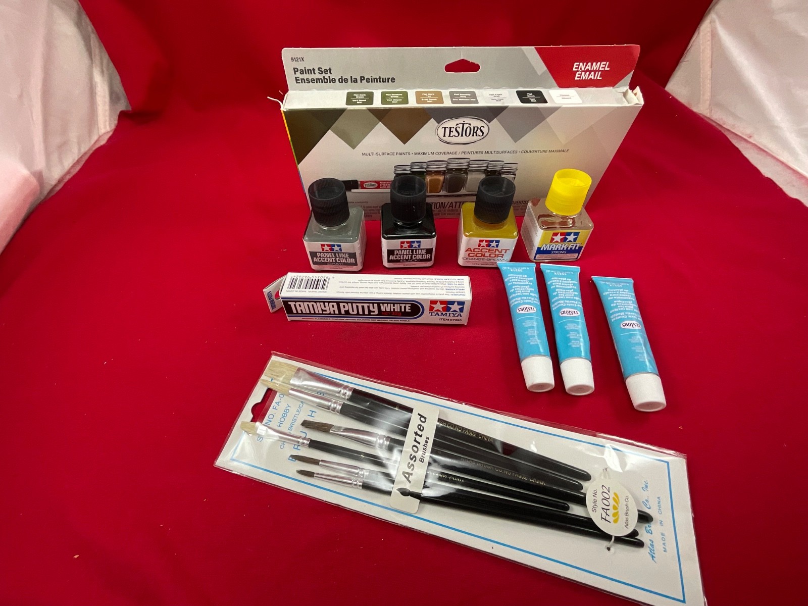 TESTORS + TAMIYA MODELING SET Paint Glue Cement Brushes Putty model car plane J