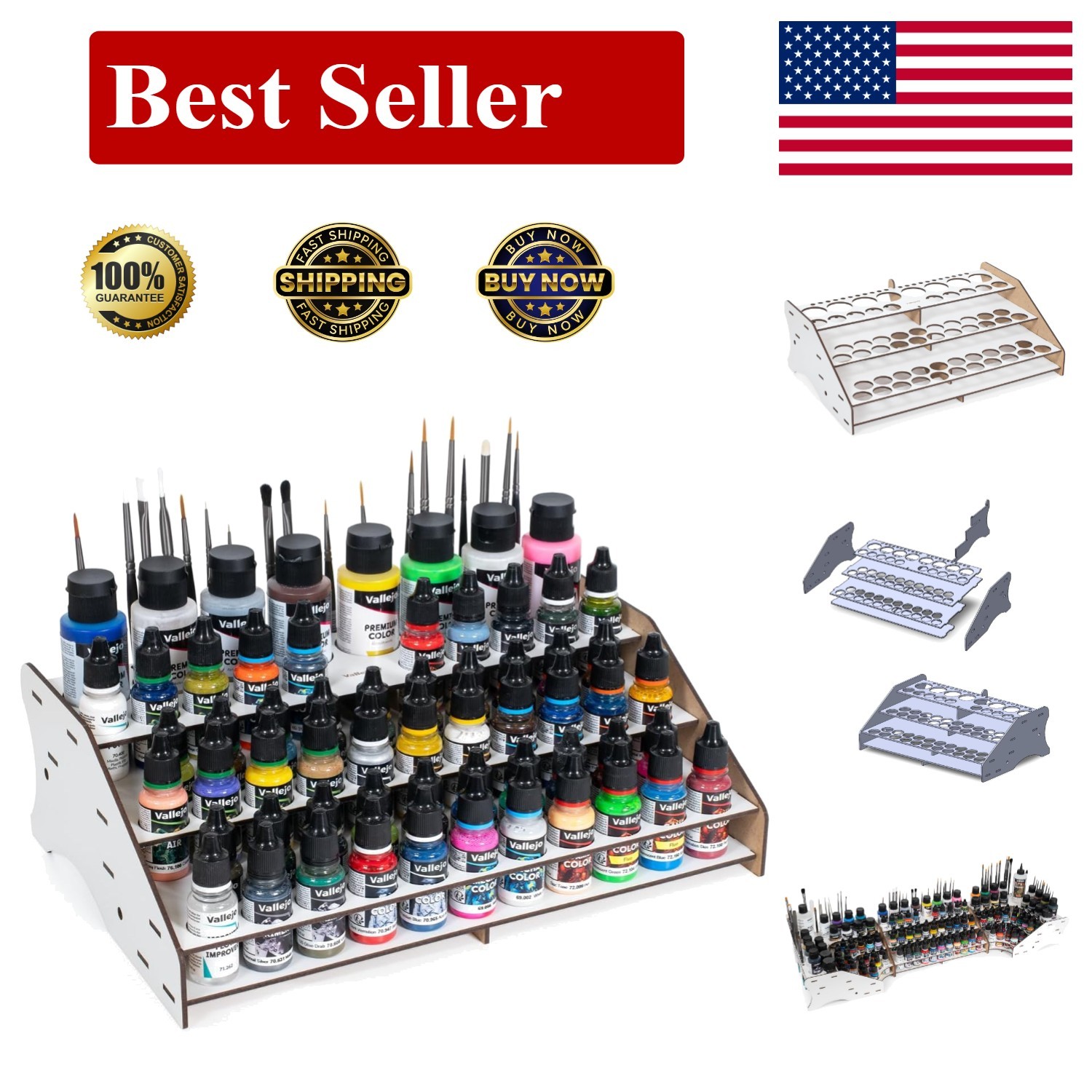 Compact Paint Organizer for Convenient Hobby Desk – 52 Bottles, 22 Brushes