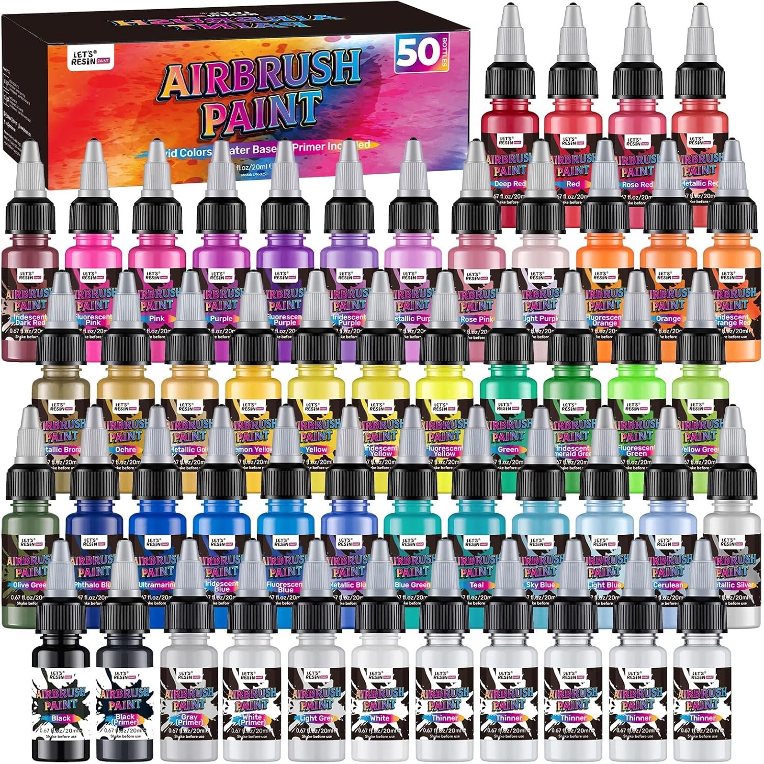 Airbrush Paint Set,42 colors with 3 Primers & 5 thinners,Water-Based Opaque &