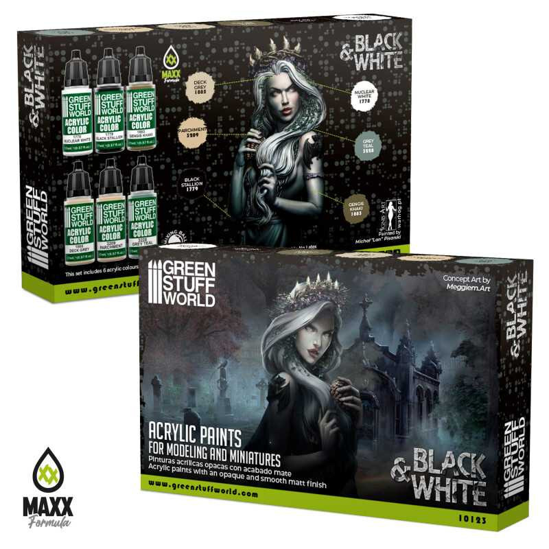 Green Stuff World Black & White Acrylic Model Paint Set – 6 Paints
