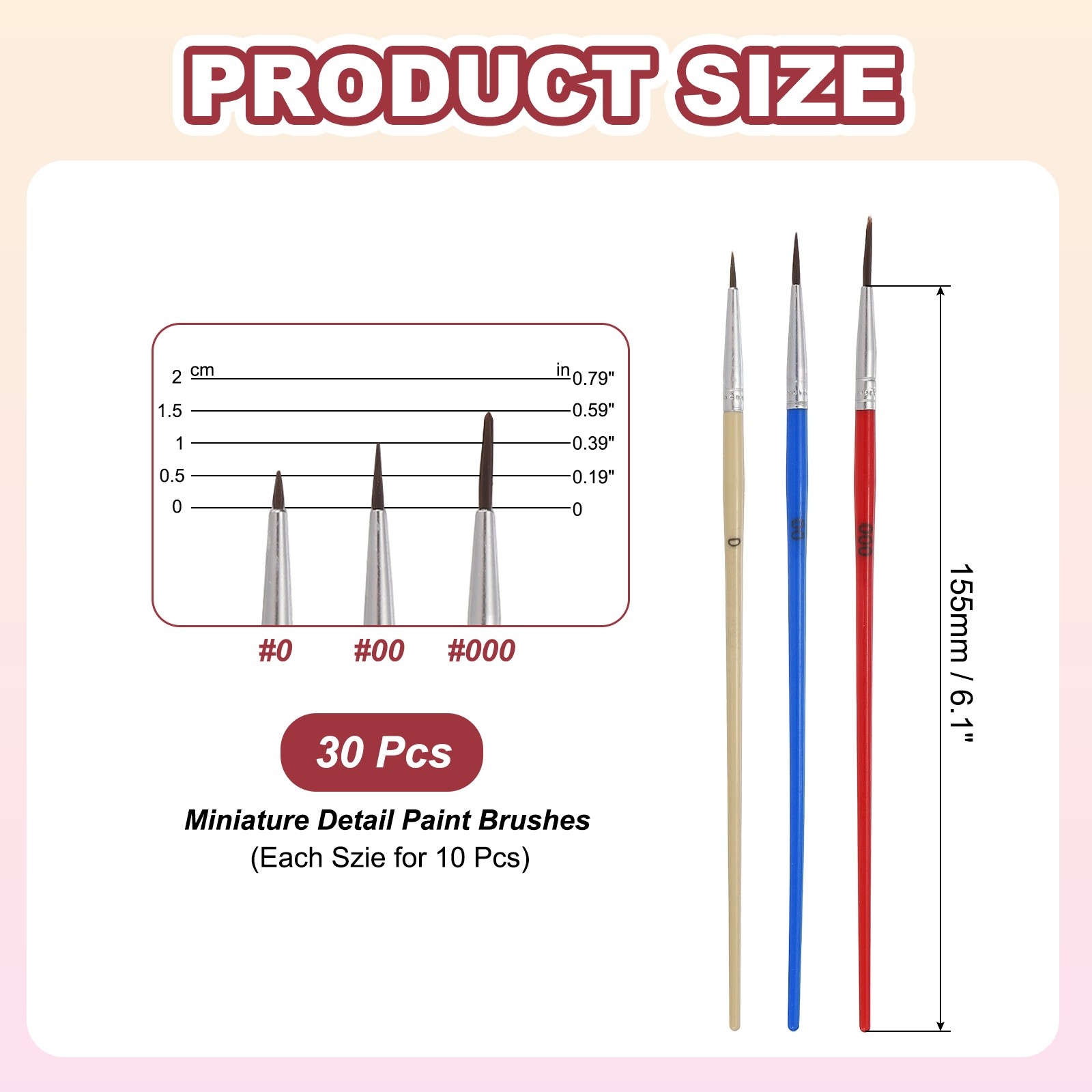 30Pcs Small Detail Paint Brush for DIY Art(Wood Color, 0/Blue, 00/Red, 000)