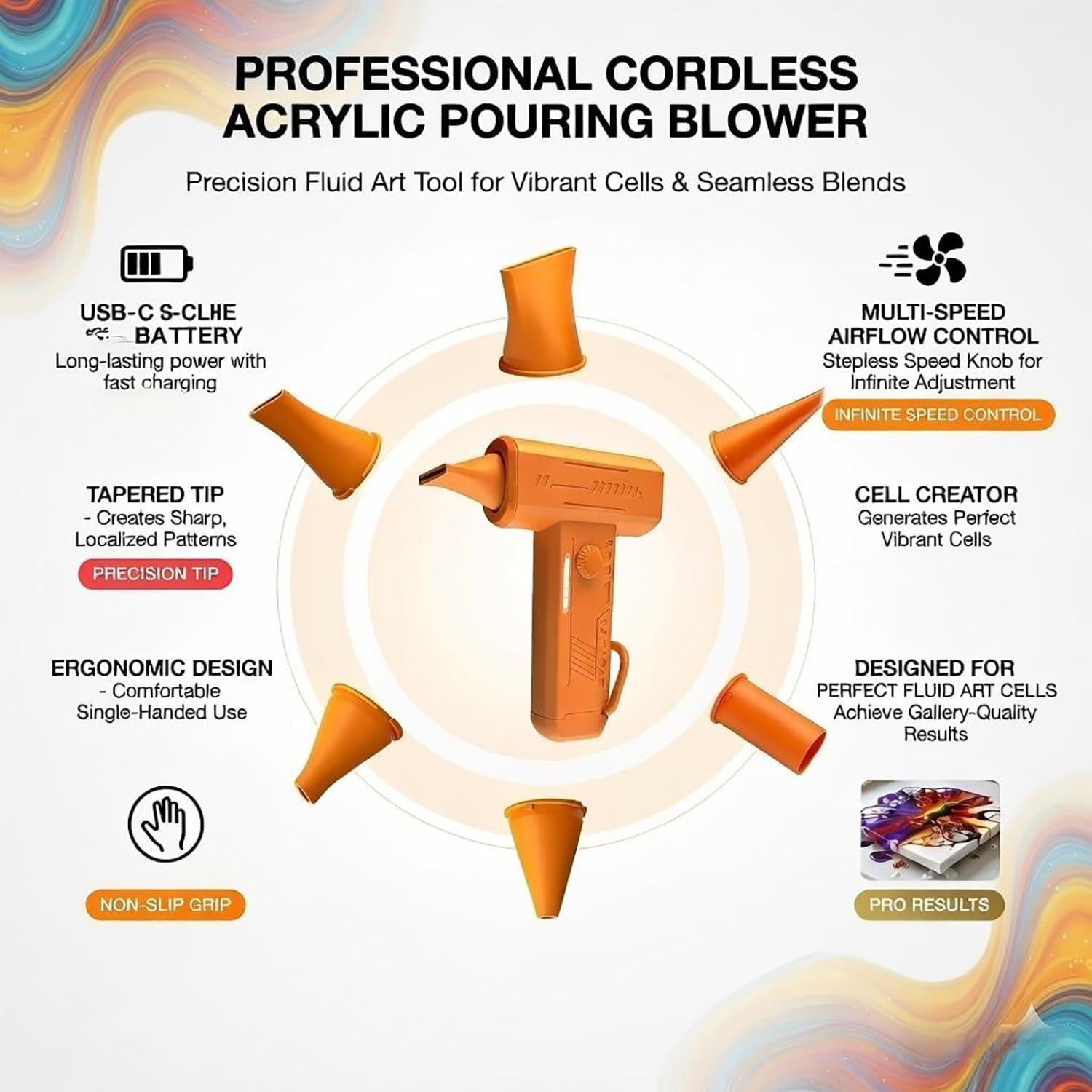 Cordless 6-Nozzle Paint Pouring Blower, Cool Air for Acrylic Floetrol Watercolor