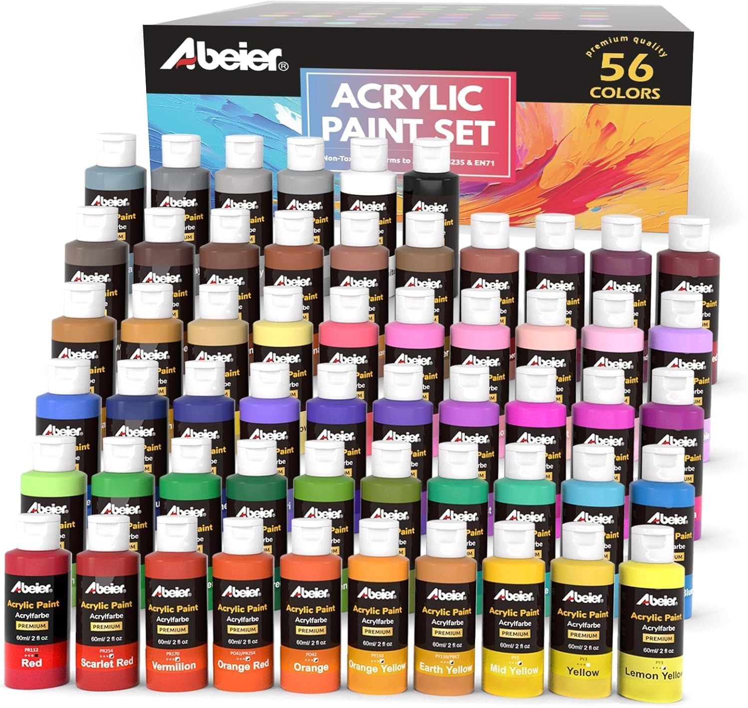 Acrylic Paint Set, 56 Colors (2oz/60ml), Matte Finish, Waterproof, Rich