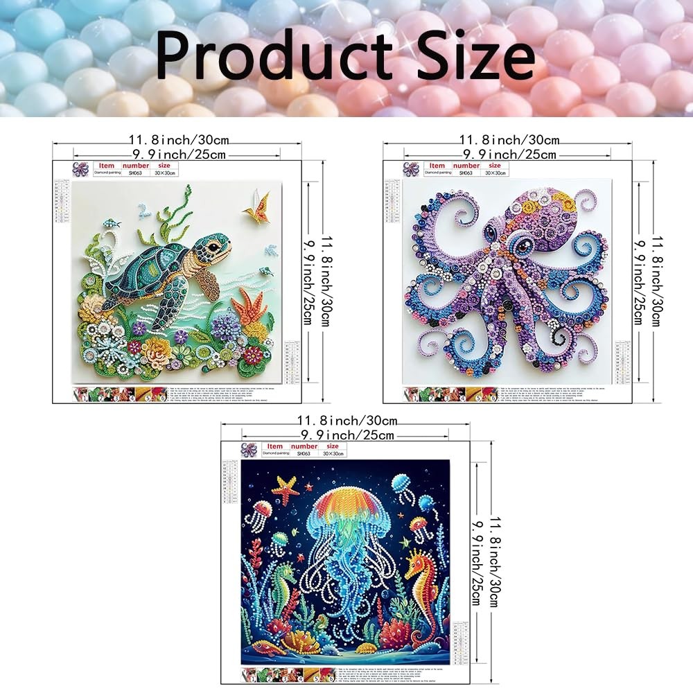 3 Pack Special Shape Diamond Art Kits for Adults, Marine Animal 5D Diamond Paint
