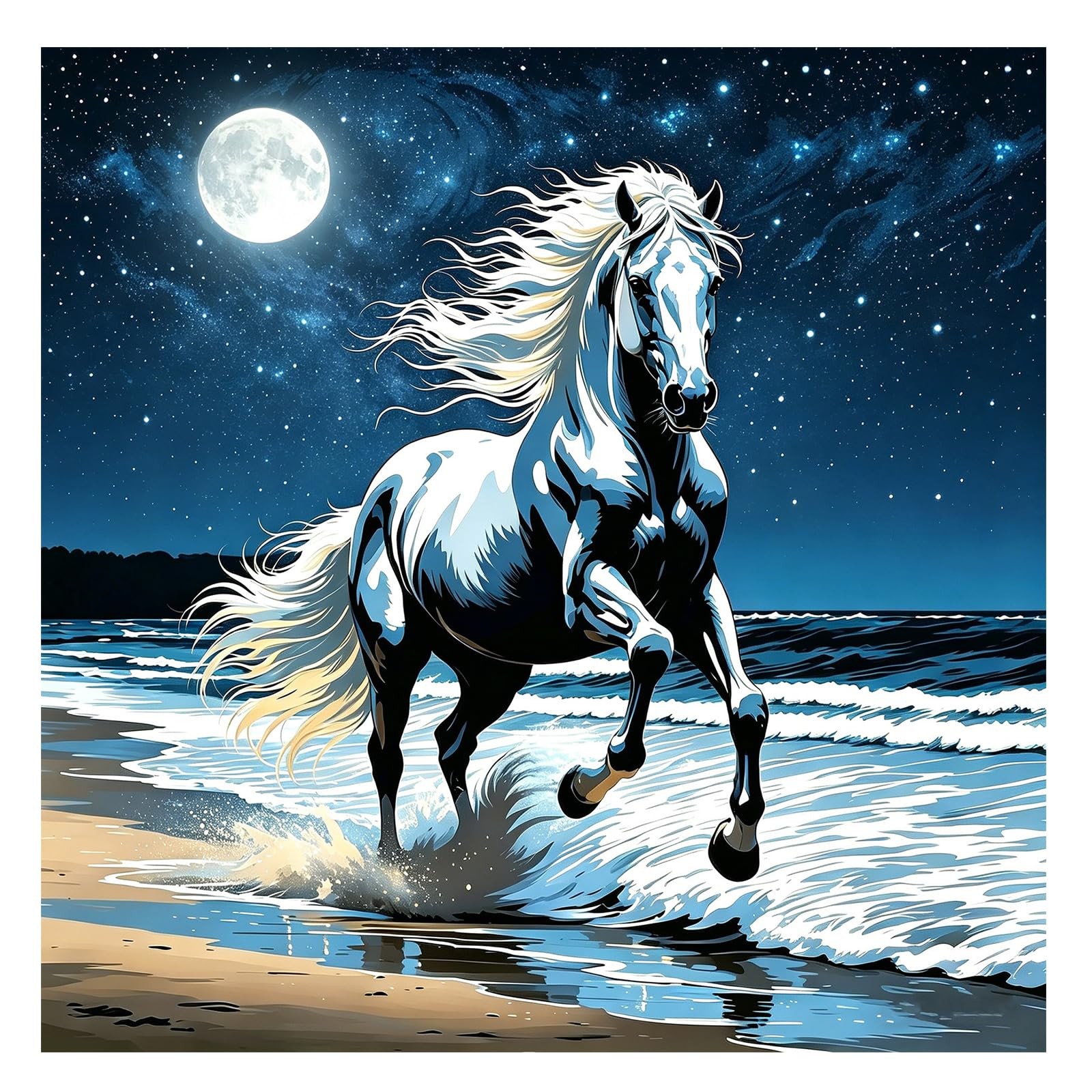 Diamond Painting Kits for Adults Moonlit Beach Horse, 5D Full Drill Diamond Art
