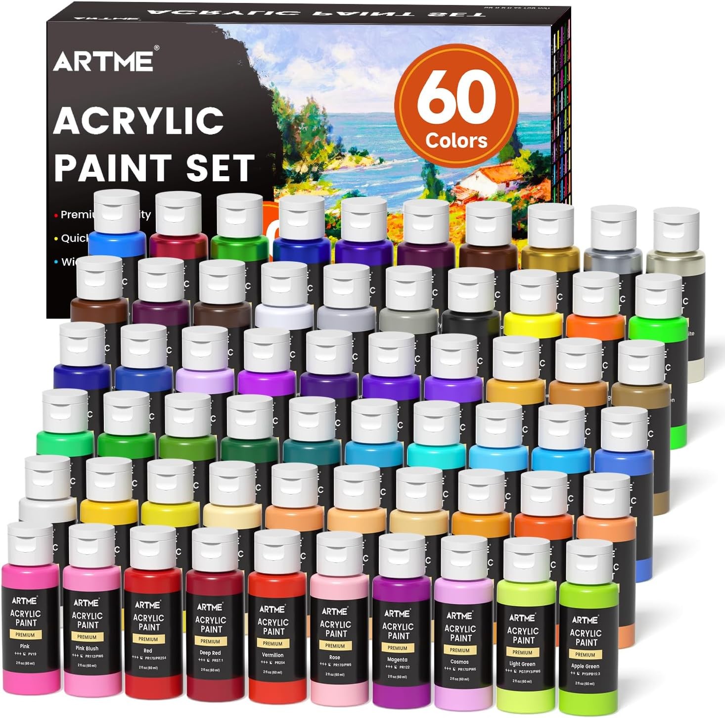 Acrylic Paint Set, 60 Colors in 2oz/60ml Bottles, Non Toxic, Waterproof, Rich